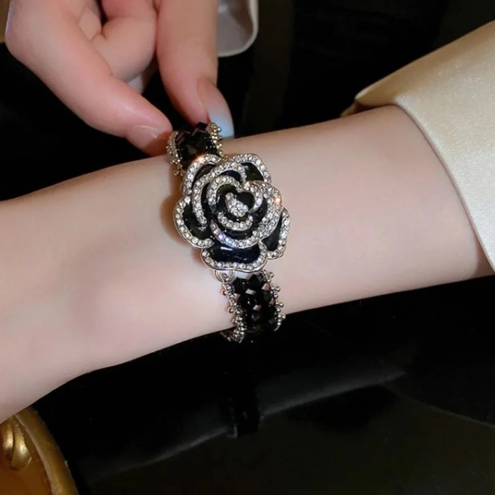 🌟 Gorgeous Black Rhinestone Two Tone Camellia Bracelet - Picture 4 of 5